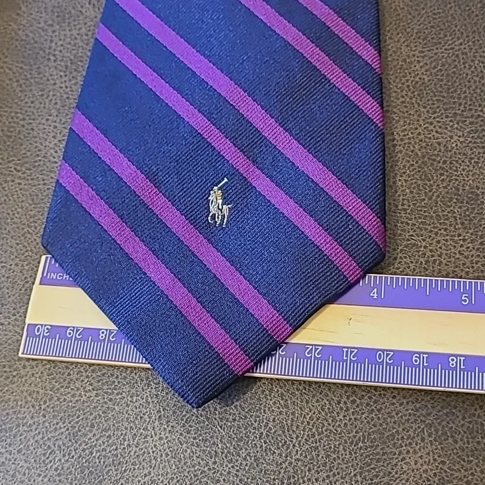 Polo Ralph Lauren 100% Silk Tie Navy Purple Stripes Preppy Designer Business